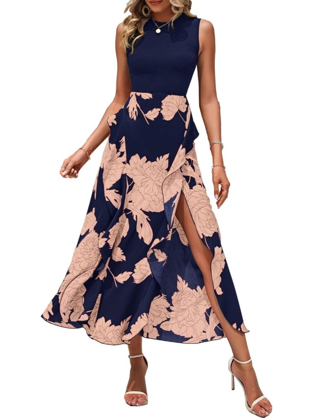 〽️Women’s Pink Floral Navy Midi Dress Sleeveless Crewneck Ruffle A Line Summer